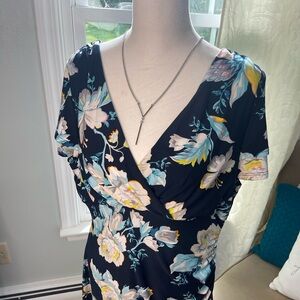 CATHERINE MALANDRINO Faux Wrap Dress Women's Size 14 Navy Floral Stretch